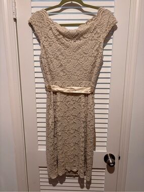 connected apparel Cream Lace Midi Dress with Satin Belt